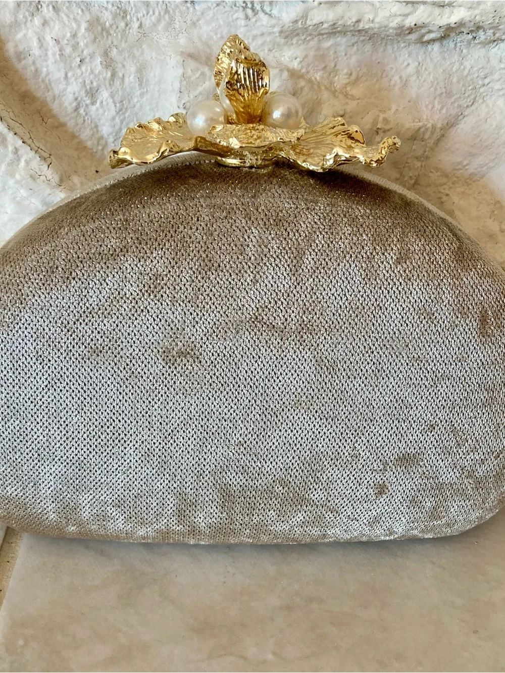 NWT House of Harlow 1960 Champagne Velvet Clutch with Gold Pearl Flower